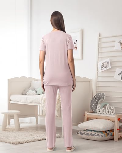 Rnxrbb 3 Piece Maternity Nursing Pajamas Set for Women Postpartum Pjs - color: Dusty Pink, size: X-Large