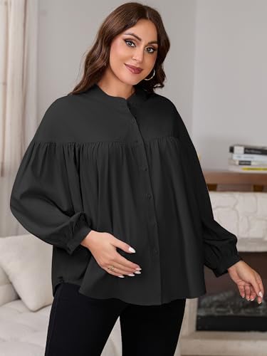 Womens Maternity Button Down Work Shirts Nursing Blouses Business Pleated Lantern Sleeve Pregnancy Office Tops - color: Black, size: Large