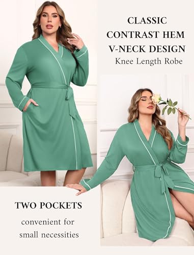 Ekouaer Plus Size Robes for Women Soft Bathrobe V Neck Soft Maternity Robe - color: Gray Green, size: 5X