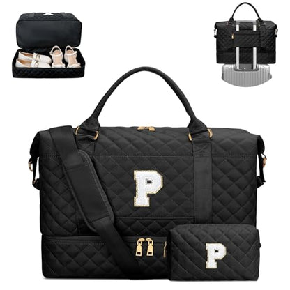 Birthday Gifts Initial Duffle Bag with Shoe Compartment(Black,P) - color: Black, style: P