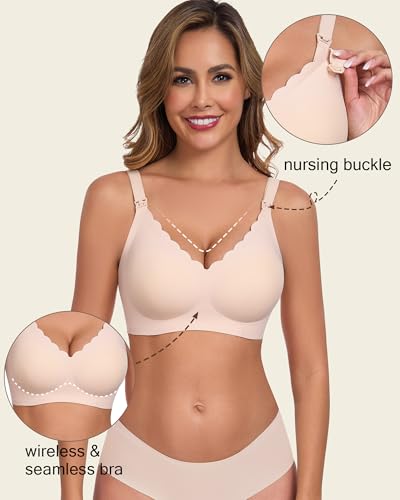 Vinfact Hands Free Pumping Bra Seamless Nursing Pump Bras Comfort Maternity Pumping Bras with Padding, Wireless Beige