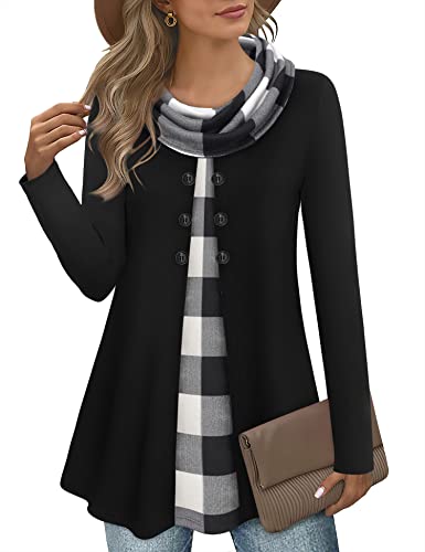 Bebonnie Womens Long Sleeve Cowl Neck Warm Splicing Tunic Tops with Buttons - color: Black 2, size: Small