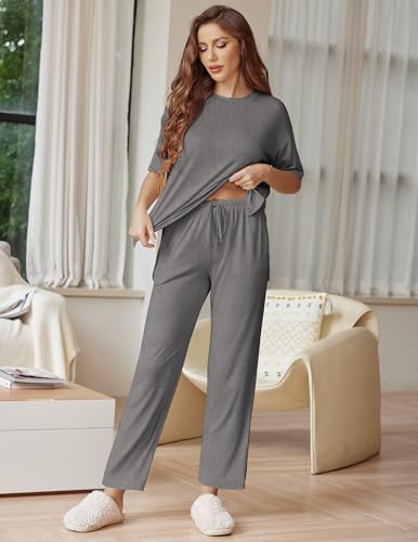 Ekouaer Lounge Sets for Women Soft Comfy Pajama Set 2 Piece Outfits - color: Dark Gray, size: Medium