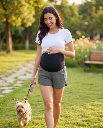 Foucome Womens 2 in 1 Maternity Athletic Shorts with Zipper Pocket - color: Grey, size: Medium