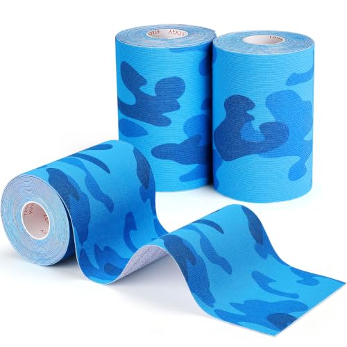 Wide Kinesiology Tape, 3 Pack, 4in x 5.5yd, Waterproof Blue Camo - color: Blue Camo - 4in