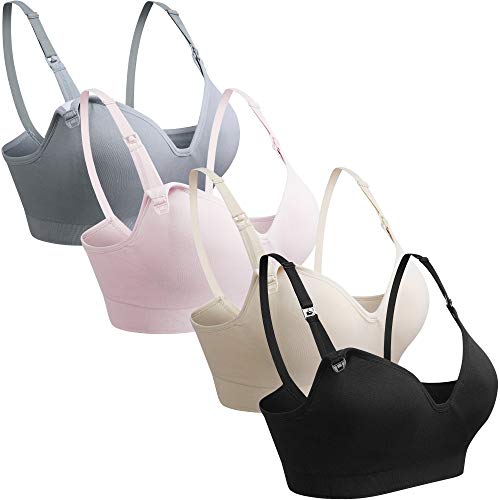 GXXGE Womens Seamless Nursing Bra for Breastfeeding Push Up Sleeping Wireless Maternity Bra - color: 4pcs (Black Beige Grey Pink), size: XX-Large