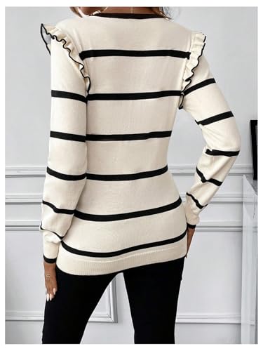 BEAUDRM Women's Maternity Sweater Striped Pattern Round Neck Long Sleeve Ruffle Tops - color: Black and White, size: Large