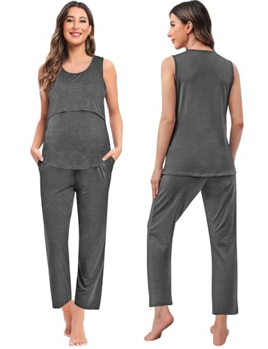 SWOMOG Maternity Nursing Robe Set 3 PCS Women Postpartum Pajamas Breastfeeding Labor Delivery Hospital Pregnancy Pjs - color: Deep Grey, size: Medium