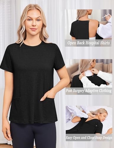 Deyeek Post Surgery Shirts for Women Tear Away Snap Open Back Hospital Tops - color: Black, size: Large