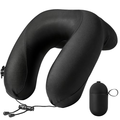 Inflatable Travel Neck Pillow for Airplane with Adjustable 360° Head & Neck Support, 2-in-1 Air Pump and Storage Bag, Soft Removable Washable Cover for Airplane, Train, Office (1, Black)