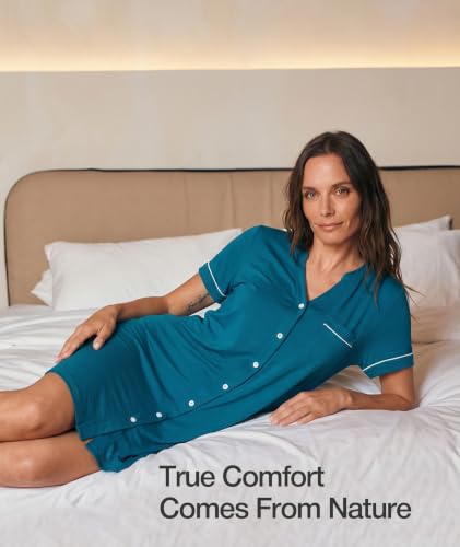 GYS Bamboo Viscose Nightgowns for Women Soft Button Down Sleep Shirt - color: Teal Blue, size: Medium