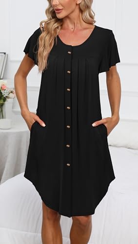 Womens Button Down Nightgown Pleated Front Short Sleeve Sleepshirt - color: A-solid - Black, size: Large