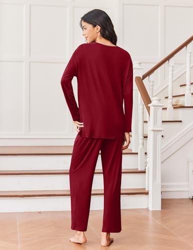 Ekouaer Lounge Sets for Women Long Sleeve Pajamas Fall Loungewear - color: Wine Red, size: Small