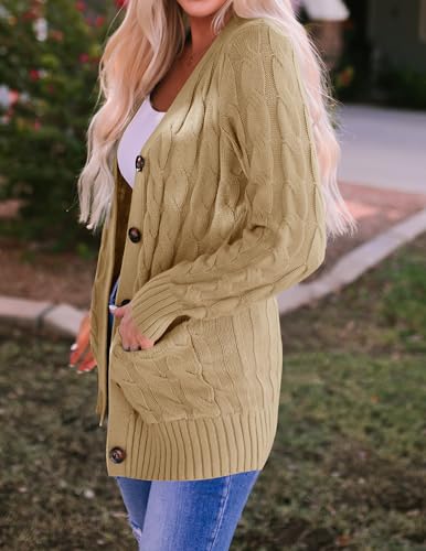 ZESICA Long Sleeve Button Down Open Front Cable Knit Cardigan Sweaters - color: Khaki, size: X-Large