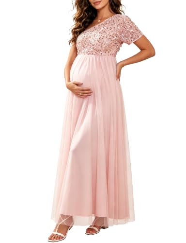 Maternity One Shoulder Sequin Short Sleeve Tulle Maxi Gown - color: Pink, size: Large