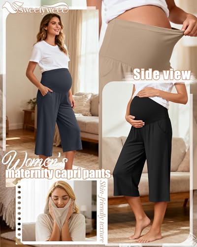 3 Pack Women's Maternity Capris - color: Black, Charcoal Gray, Khaki, size: Medium