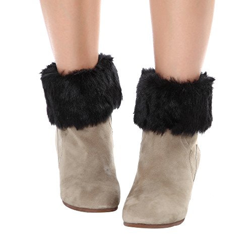 Womens Fur Trim Boot Cuff Top Cover Leg Warmers - color: Black