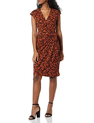 Amazon Essentials Women's Classic Cap Sleeve Wrap Dress with V Neck, Pleated Waist (Available in Plus Size) - color: Brown, Floral Print, size: Medium