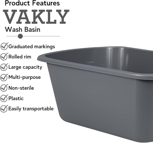 Vakly Plastic Wash Basin, 7 Qt, Rectangular, Graduated, 6 Pack