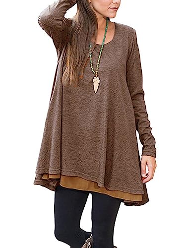 Poetsky Women's Long Sleeve Tunic Tops Layered Chiffon Hem Blouses Shirts - color: A-coffee, size: XX-Large