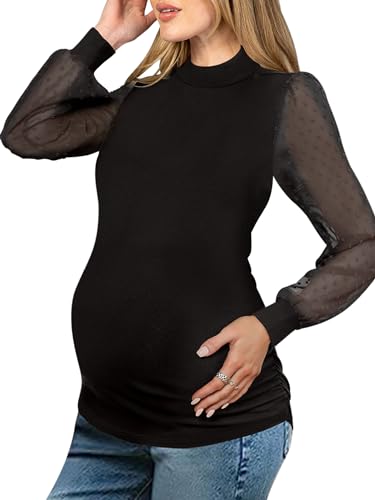 FMEYOA Women's Maternity Shirt Long Sleeve Top Mock Neck Blouse - color: Black, size: Small
