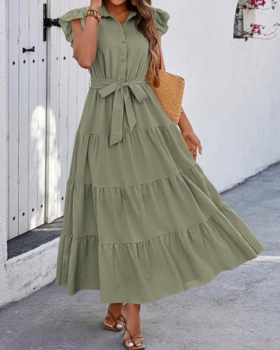 dowerme Women Ruffle Sleeve Button Belted Boho Maxi Dress - color: Grey Green, size: Large