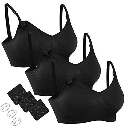 HOFISH 3PACK Full Bust Seamless Nursing Maternity Bras Bralette S-XXL with Extra Bra Extenders & Clips - color: Black, size: Medium
