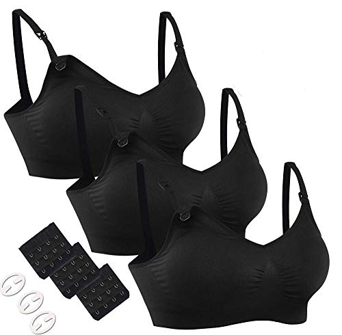 HOFISH 3PACK Full Bust Seamless Nursing Maternity Bras Bralette S-XXL with Extra Bra Extenders & Clips - color: 3pack: Black, size: X-Large