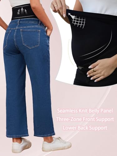 Ecavus Women's Maternity Jeans Over Belly Wide Leg Comfy Stretch Denim Pants with Pockets, XS-XXL - color: Dark Blue Regular, size: Medium