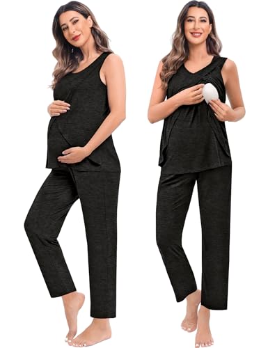 SWOMOG Maternity Nursing Robe Set 3 PCS Postpartum Breastfeeding Pajamas Hospital Pregnancy Pjs Double Layer Lounge Set - color: Black Grey, size: Small