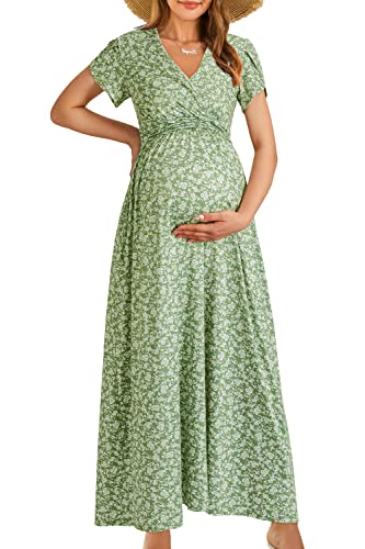OUGES Women's Wrap V Neck Summer Maternity Photoshoot Dress with Pockets - color: Green Floral, size: Large