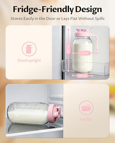 64oz Mason Jar Pitcher, 2quart Glass Breast Milk Pitcher with Lid - color: Pink, size: 64 Ounces