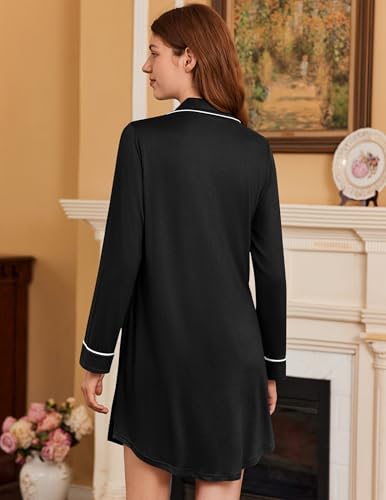Ekouaer 2 Pack Nightgowns for Women Long Sleeve Button Down Sleep Shirt - color: Black/Green, size: Medium