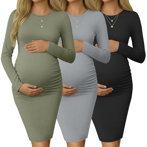 Riyiper 3 Pack Women's Long Sleeve Maternity Dresse - color: Army Green, Light Gray, Black, size: XX-Large