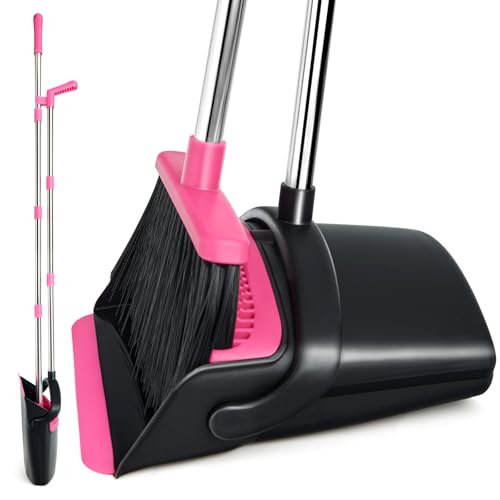 Broom and Dustpan Set,Long Handle Lightweight Dustpans with Broom Combo for Home,Indoor&Outdoor Sweeping for Home Room Kitchen Office Lobby (Black Pink) - color: Black Pink