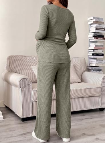 BLENCOT Maternity Clothes Ribbed Long Sleeve Sets Button 2 Piece Outfits - color: Green, size: Large