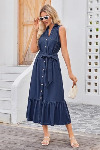 OUGES Womens 2025 Spring Maternity Dress Polo V Neck Sleeveless Ruffle Button Pregnancy Casual Work Dress with Pockets - color: Navy Blue, size: XX-Large