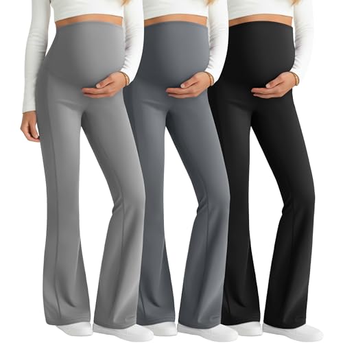 3 Pack Maternity Over The Belly Flared Leggings Pants - color: Dark Gray, Light Gray, Black, size: XX-Large