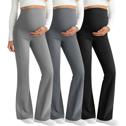 3 Pack Maternity Over The Belly Flared Leggings Pants - color: Dark Gray, Light Gray, Black, size: XX-Large