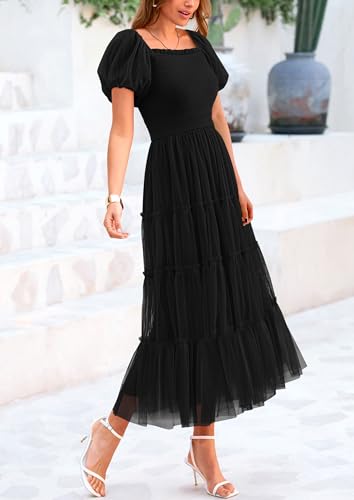 PRETTYGARDEN Women's Summer Smocked Midi Tulle Dress - color: Black, size: X-Large