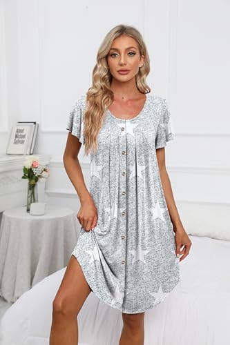 Womens Button Down Nightgown Pleated Front Short Sleeve Sleepshirt - color: A Star, size: Large