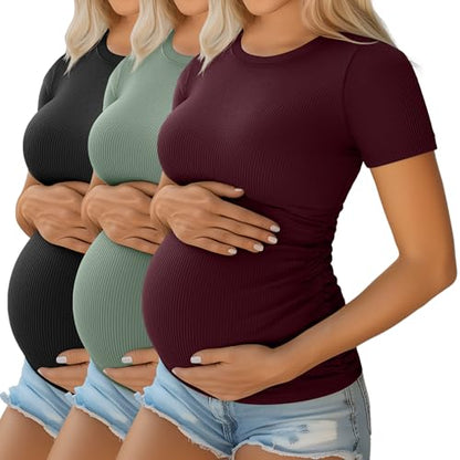 Ficerd 3 Pack Women's Short Sleeve Maternity Shirts - color: Black, Light Green, Dark Red, size: Small