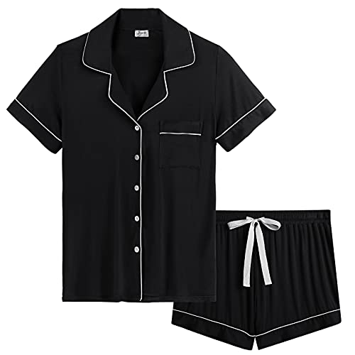 Cherrydew Women's Bamboo Viscose Cooling Button Up Pajama Shorts Set - color: Black, size: X-Large