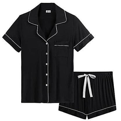 Cherrydew Women's Bamboo Viscose Cooling Button Up Pajama Shorts Set - color: Black, size: X-Large
