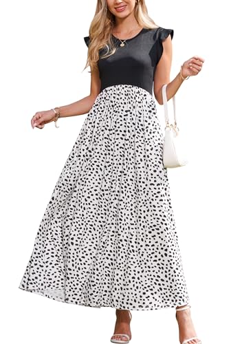 OUGES Women's Ruffle Sleeve Patchwork Maternity Maxi Dress with Pockets - color: White Leopard, size: Medium