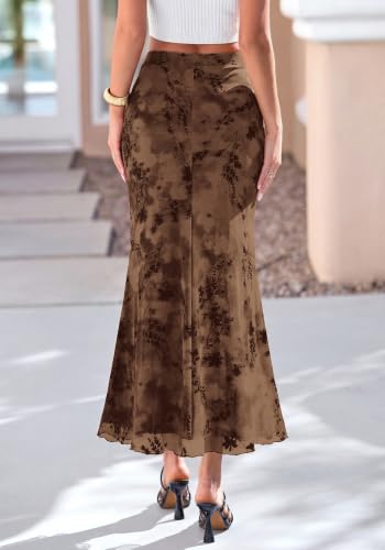 BTFBM Womens Floral Mesh Maxi Skirts - color: Brown, size: XX-Large
