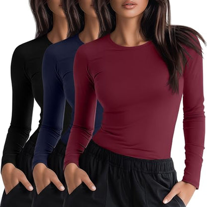 Neer 3 Pack Womens Long Sleeve Underscrub Shirts - color: Black, Navy Blue, Wine Red, size: X-Large