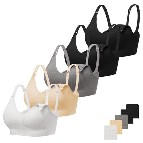 Angelhood Ribbed Nursing Bras 5 Pack Wireless V Neck Maternity Nursing Bra - color: Black/Black/Grey/Nude/White, size: Large