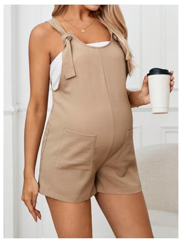 OYOANGLE Women's Maternity Romper Tie Knot Wide Strap Summer Overall - color: Khaki, size: X-Small