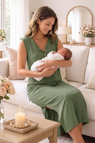 OUGES Women's Anti-Wrinkle Airy Layer Summer Maternity Dress V Neck Split Midi Nursing Dresses with Pockets 2026 - color: Army Green, size: X-Large